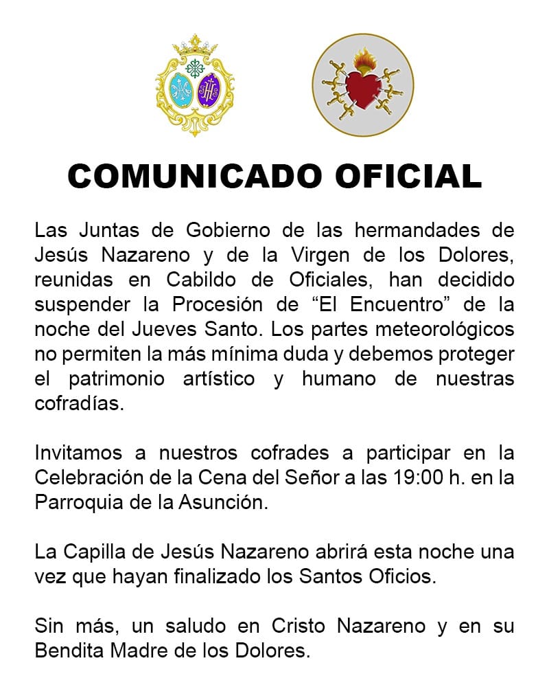 comunicado oficial suspenden procesion Jueves Santo VVa