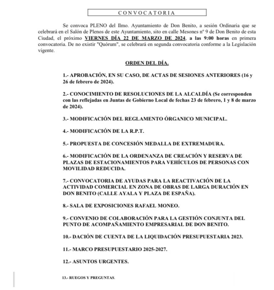 convocatoria pleno ordinario febrero